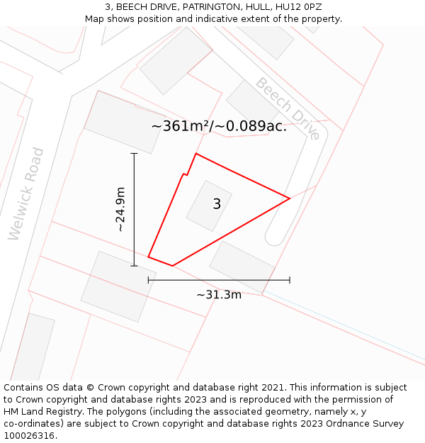 3, BEECH DRIVE, PATRINGTON, HULL, HU12 0PZ: Plot and title map