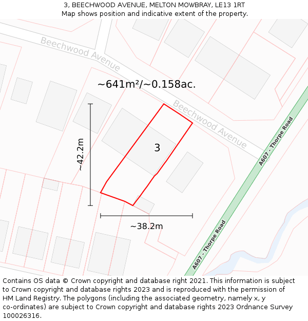 3, BEECHWOOD AVENUE, MELTON MOWBRAY, LE13 1RT: Plot and title map