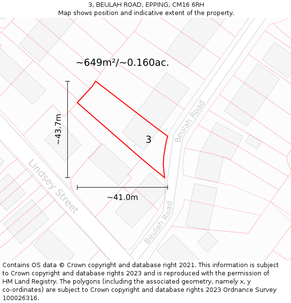 3, BEULAH ROAD, EPPING, CM16 6RH: Plot and title map