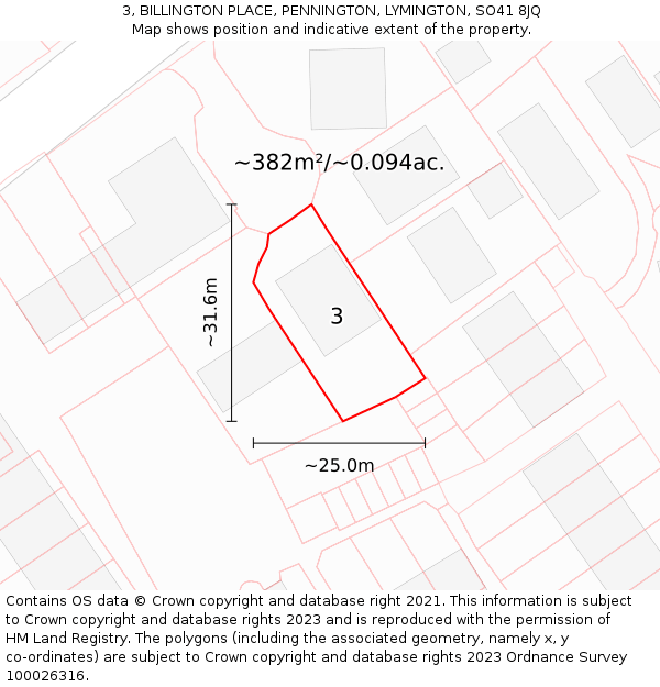 3, BILLINGTON PLACE, PENNINGTON, LYMINGTON, SO41 8JQ: Plot and title map