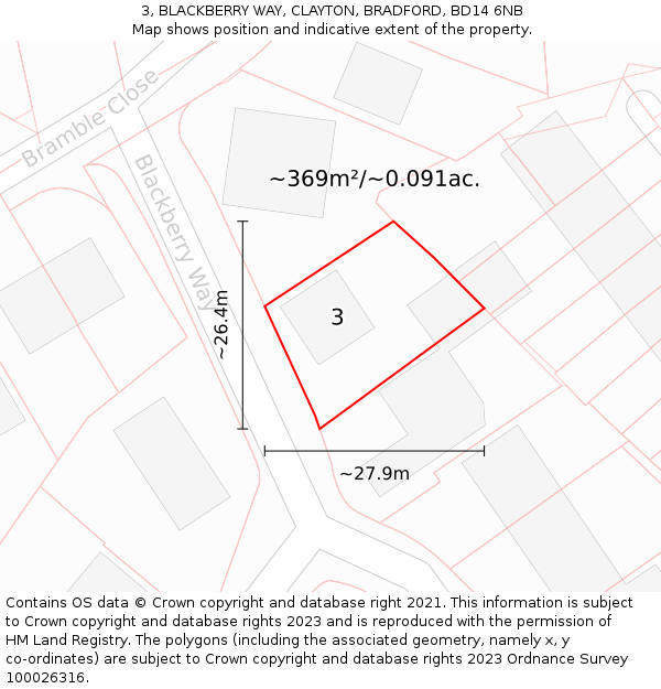 3, BLACKBERRY WAY, CLAYTON, BRADFORD, BD14 6NB: Plot and title map