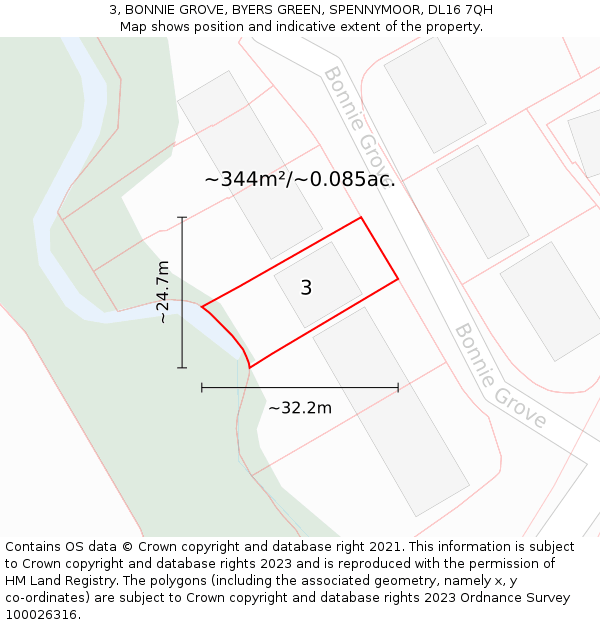 3, BONNIE GROVE, BYERS GREEN, SPENNYMOOR, DL16 7QH: Plot and title map