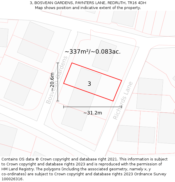 3, BOSVEAN GARDENS, PAYNTERS LANE, REDRUTH, TR16 4DH: Plot and title map