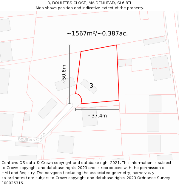 3, BOULTERS CLOSE, MAIDENHEAD, SL6 8TL: Plot and title map