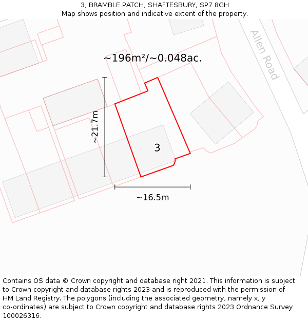 3, BRAMBLE PATCH, SHAFTESBURY, SP7 8GH: Plot and title map