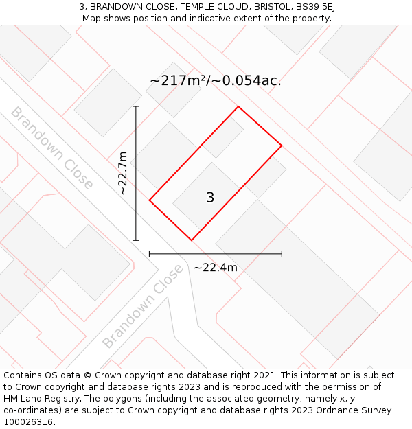 3, BRANDOWN CLOSE, TEMPLE CLOUD, BRISTOL, BS39 5EJ: Plot and title map