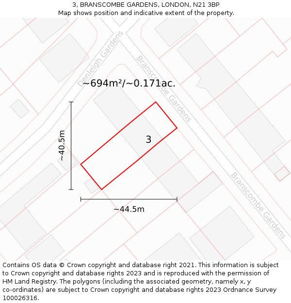 3, BRANSCOMBE GARDENS, LONDON, N21 3BP: Plot and title map