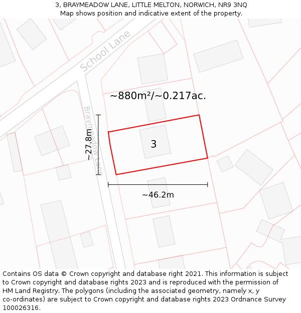 3, BRAYMEADOW LANE, LITTLE MELTON, NORWICH, NR9 3NQ: Plot and title map