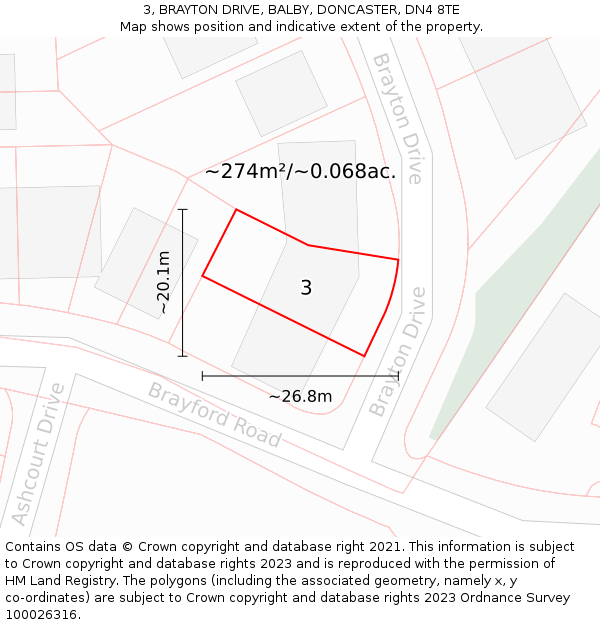 3, BRAYTON DRIVE, BALBY, DONCASTER, DN4 8TE: Plot and title map