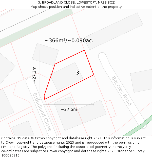 3, BROADLAND CLOSE, LOWESTOFT, NR33 8QZ: Plot and title map