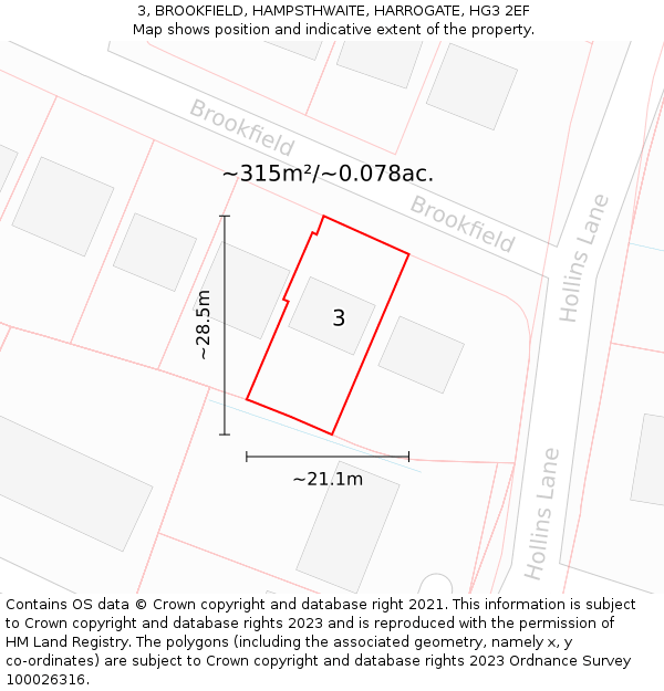 3, BROOKFIELD, HAMPSTHWAITE, HARROGATE, HG3 2EF: Plot and title map