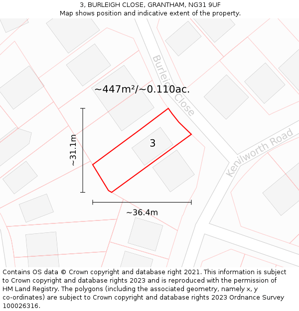 3, BURLEIGH CLOSE, GRANTHAM, NG31 9UF: Plot and title map