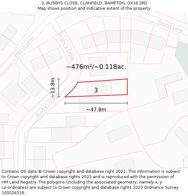 3, BUSBYS CLOSE, CLANFIELD, BAMPTON, OX18 2RD: Plot and title map