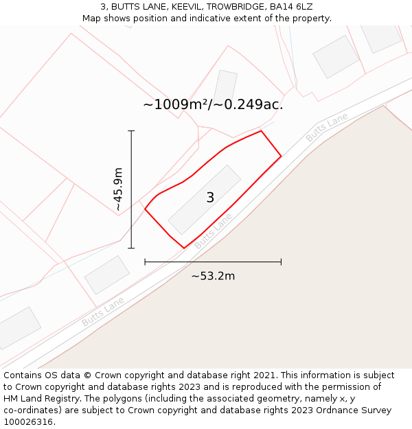 3, BUTTS LANE, KEEVIL, TROWBRIDGE, BA14 6LZ: Plot and title map