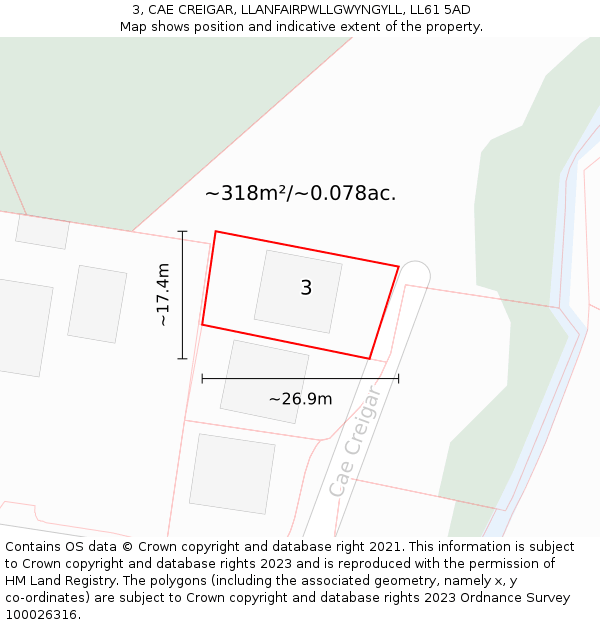 3, CAE CREIGAR, LLANFAIRPWLLGWYNGYLL, LL61 5AD: Plot and title map