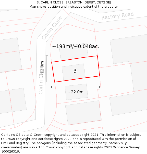 3, CARLIN CLOSE, BREASTON, DERBY, DE72 3EJ: Plot and title map