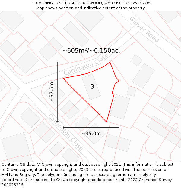 3, CARRINGTON CLOSE, BIRCHWOOD, WARRINGTON, WA3 7QA: Plot and title map