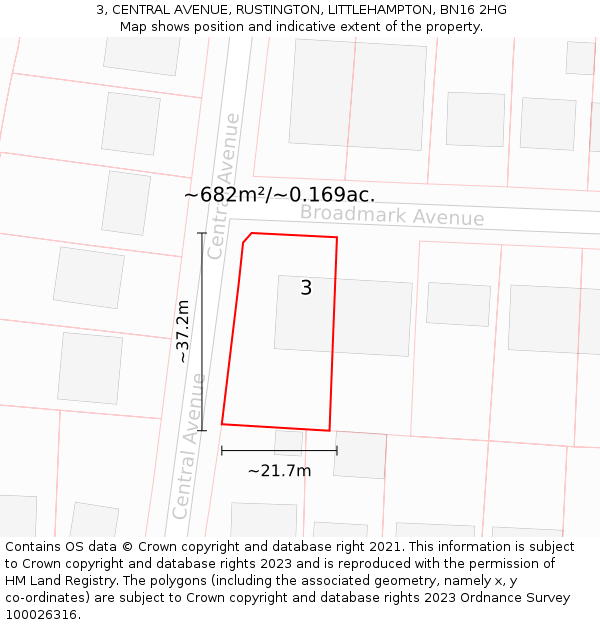 3, CENTRAL AVENUE, RUSTINGTON, LITTLEHAMPTON, BN16 2HG: Plot and title map