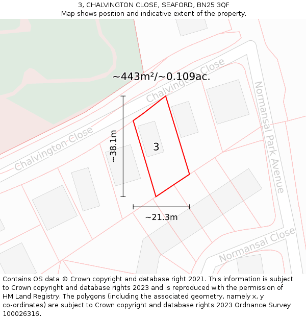 3, CHALVINGTON CLOSE, SEAFORD, BN25 3QF: Plot and title map