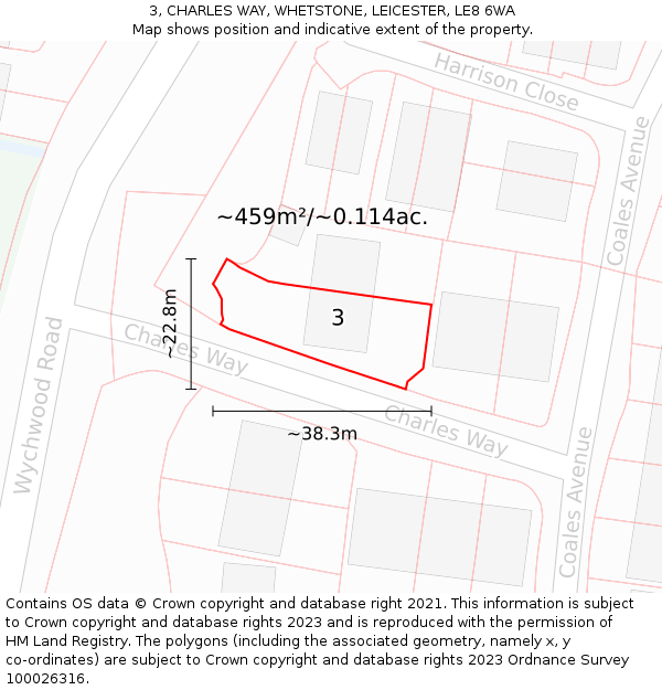 3, CHARLES WAY, WHETSTONE, LEICESTER, LE8 6WA: Plot and title map