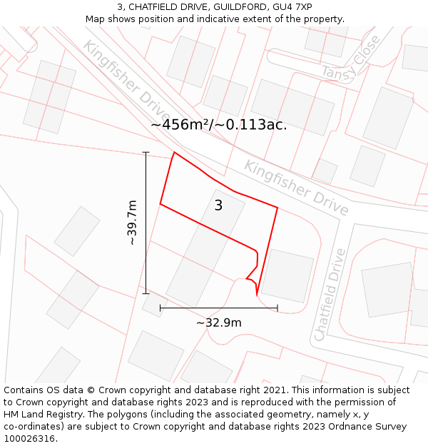 3, CHATFIELD DRIVE, GUILDFORD, GU4 7XP: Plot and title map