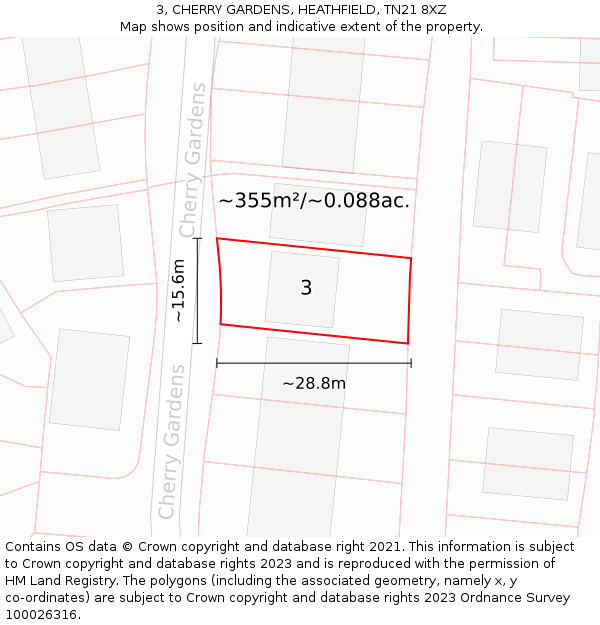 3, CHERRY GARDENS, HEATHFIELD, TN21 8XZ: Plot and title map