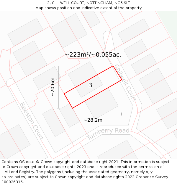 3, CHILWELL COURT, NOTTINGHAM, NG6 9LT: Plot and title map