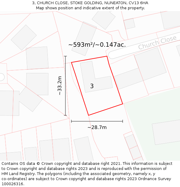 3, CHURCH CLOSE, STOKE GOLDING, NUNEATON, CV13 6HA: Plot and title map