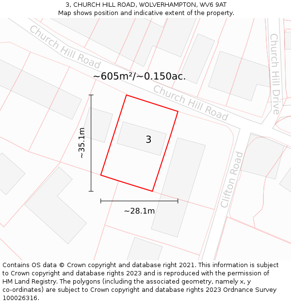 3, CHURCH HILL ROAD, WOLVERHAMPTON, WV6 9AT: Plot and title map