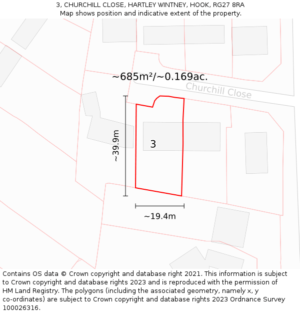 3, CHURCHILL CLOSE, HARTLEY WINTNEY, HOOK, RG27 8RA: Plot and title map