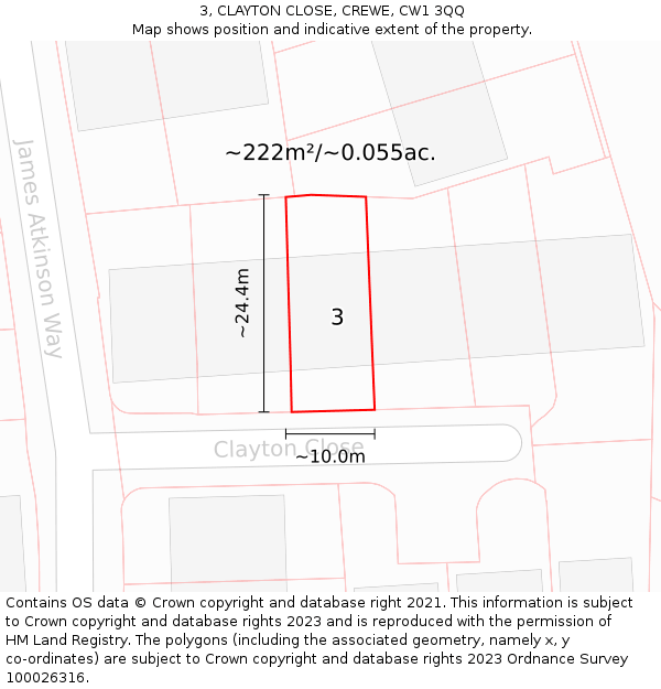 3, CLAYTON CLOSE, CREWE, CW1 3QQ: Plot and title map