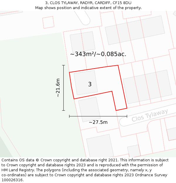 3, CLOS TYLAWAY, RADYR, CARDIFF, CF15 8DU: Plot and title map