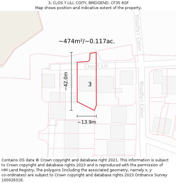 3, CLOS Y LILI, COITY, BRIDGEND, CF35 6GF: Plot and title map