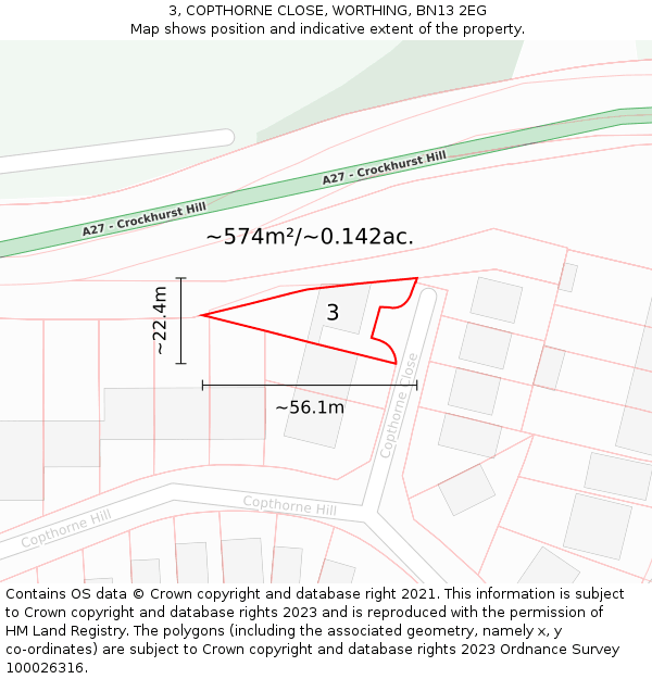 3, COPTHORNE CLOSE, WORTHING, BN13 2EG: Plot and title map