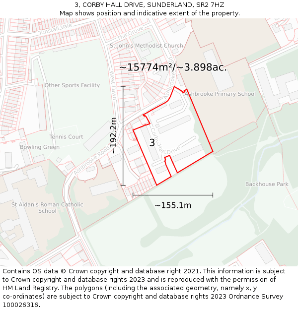 3, CORBY HALL DRIVE, SUNDERLAND, SR2 7HZ: Plot and title map