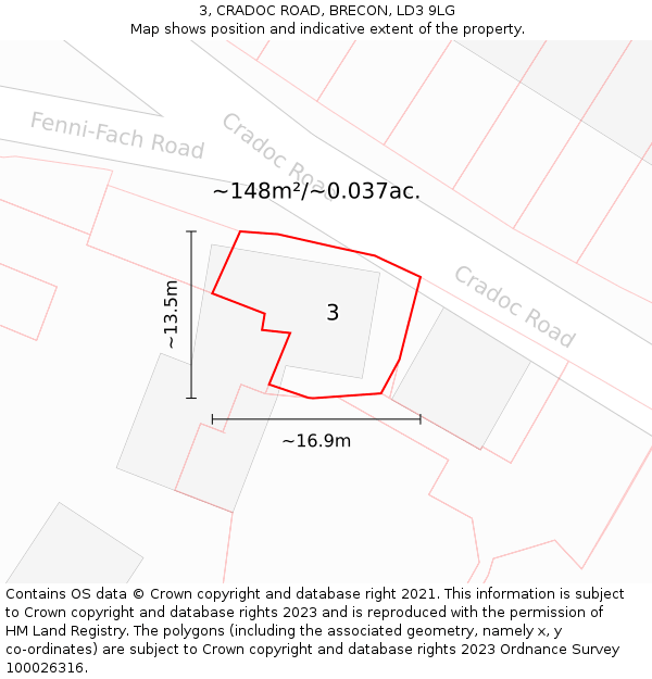 3, CRADOC ROAD, BRECON, LD3 9LG: Plot and title map