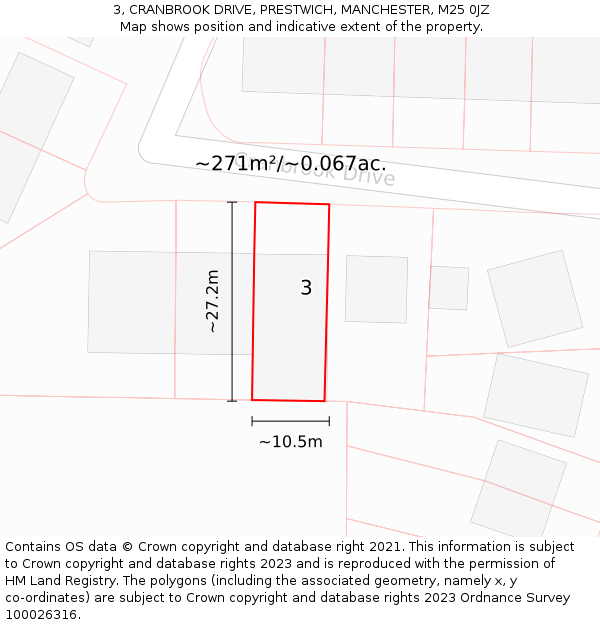 3, CRANBROOK DRIVE, PRESTWICH, MANCHESTER, M25 0JZ: Plot and title map