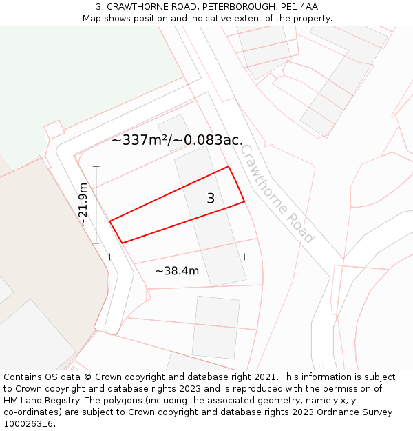 3, CRAWTHORNE ROAD, PETERBOROUGH, PE1 4AA: Plot and title map