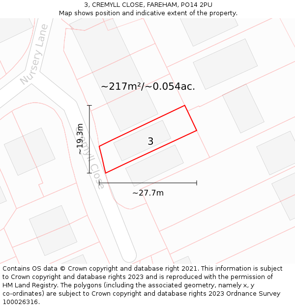 3, CREMYLL CLOSE, FAREHAM, PO14 2PU: Plot and title map