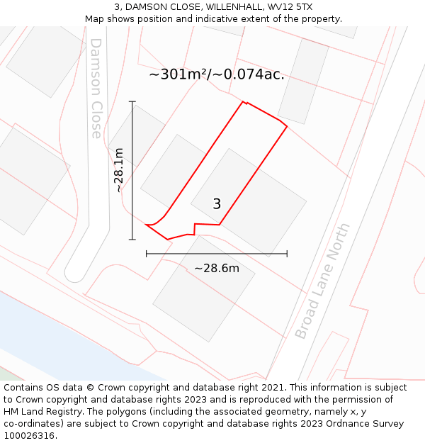 3, DAMSON CLOSE, WILLENHALL, WV12 5TX: Plot and title map