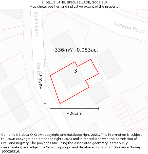 3, DELLS LANE, BIGGLESWADE, SG18 8LP: Plot and title map