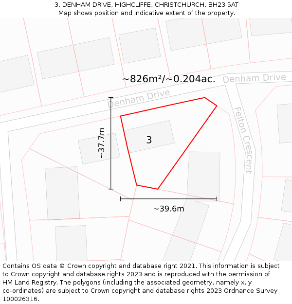 3, DENHAM DRIVE, HIGHCLIFFE, CHRISTCHURCH, BH23 5AT: Plot and title map