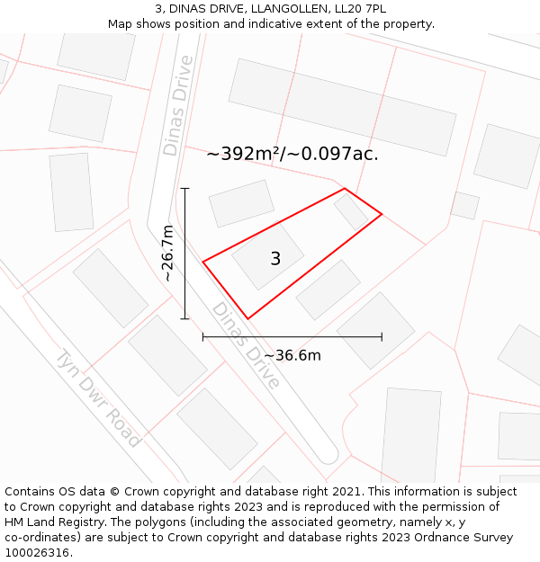 3, DINAS DRIVE, LLANGOLLEN, LL20 7PL: Plot and title map