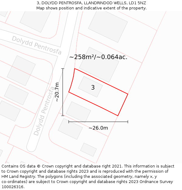 3, DOLYDD PENTROSFA, LLANDRINDOD WELLS, LD1 5NZ: Plot and title map