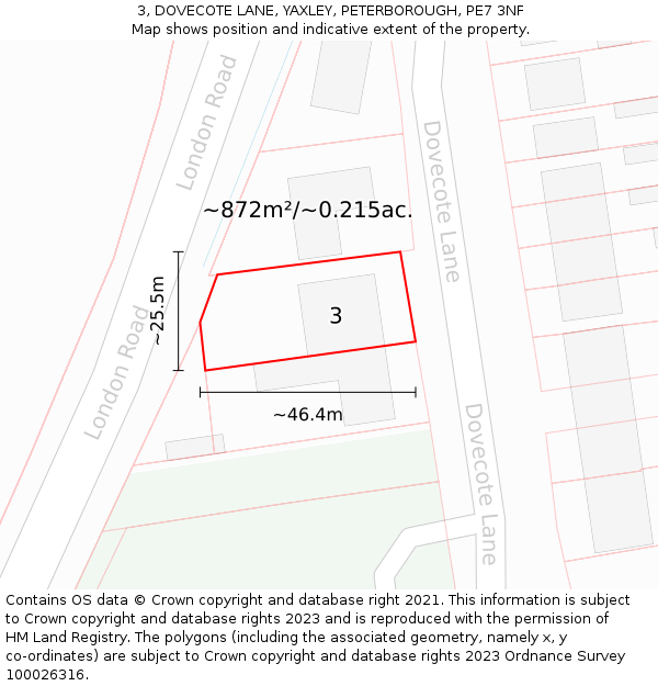 3, DOVECOTE LANE, YAXLEY, PETERBOROUGH, PE7 3NF: Plot and title map