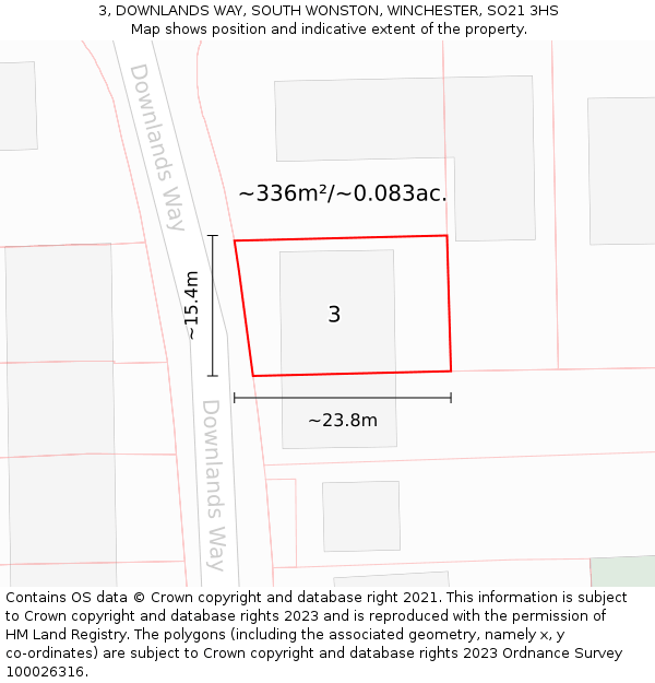 3, DOWNLANDS WAY, SOUTH WONSTON, WINCHESTER, SO21 3HS: Plot and title map