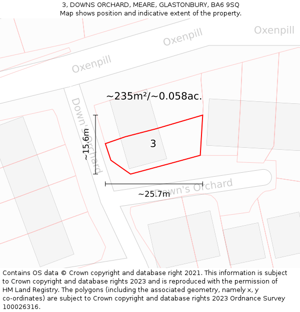 3, DOWNS ORCHARD, MEARE, GLASTONBURY, BA6 9SQ: Plot and title map