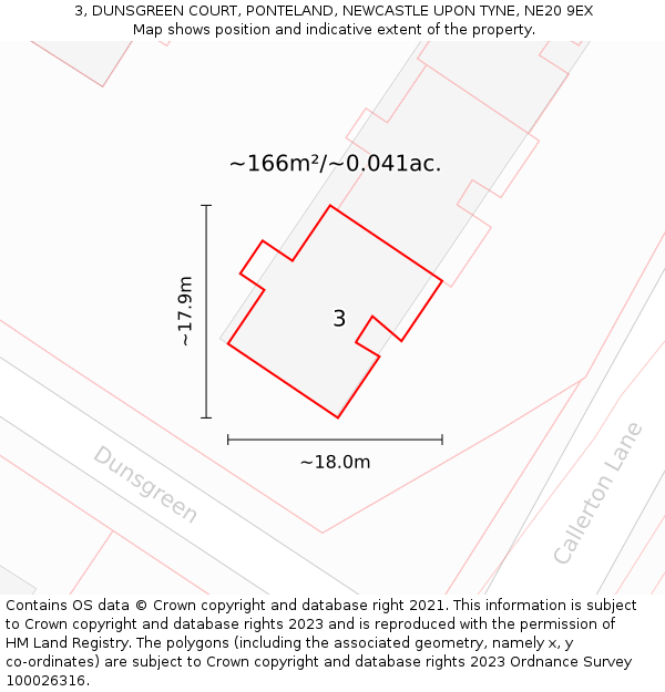 3, DUNSGREEN COURT, PONTELAND, NEWCASTLE UPON TYNE, NE20 9EX: Plot and title map