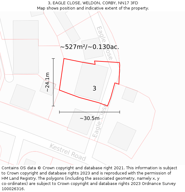 3, EAGLE CLOSE, WELDON, CORBY, NN17 3FD: Plot and title map