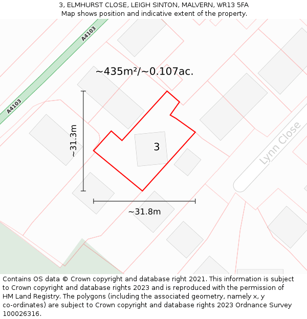 3, ELMHURST CLOSE, LEIGH SINTON, MALVERN, WR13 5FA: Plot and title map